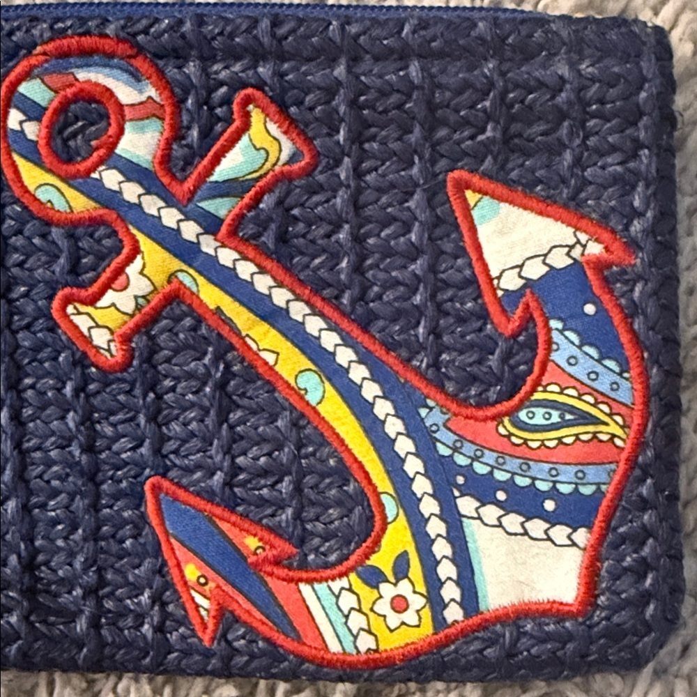 Vera Bradley Navy Woven Zip Pouch with Colorful Anchor Patch summer coin purse - Picture 2 of 6